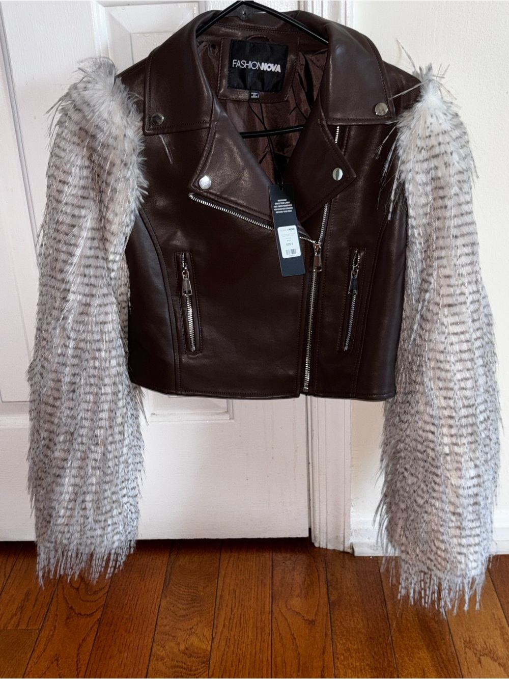 Fashion Nova Dark Brown Faux Leather Moto Jacket with white Faux Fur Sleeves